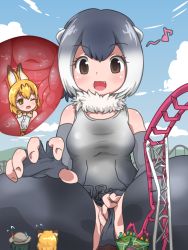 Rule 34 | 10s, 4girls, animal ears, fang, female focus, fingerless gloves, giant, giantess, gloves, highres, jaguar (kemono friends), kaban (kemono friends), kemono friends, multiple girls, one eye closed, open mouth, partially visible vulva, pussy, serval (kemono friends), small-clawed otter (kemono friends), unbirthing, vostok (vostok061), yuri