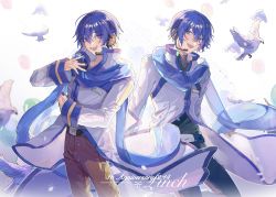 Rule 34 | 2boys, :d, bird, blue eyes, blue hair, blue theme, coat, dove, dual persona, earphones, happy birthday, highres, kaito (vocaloid), kaito (vocaloid3), linch, long sleeves, male focus, multiple boys, open mouth, scarf, smile, vocaloid, white bird