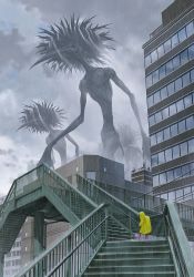 Rule 34 | 1other, ambiguous gender, boots, building, child, city, cloud, cloudy sky, commentary request, eldritch abomination, giant, jacket, kappa, monster, nurikabe (mictlan-tecuhtli), original, outdoors, pink footwear, rain, raincoat, scenery, sky, stairs, standing, water, yellow jacket