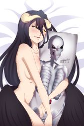 Rule 34 | 1girl, absurdres, ainz ooal gown, albedo (overlord), ar jart, bed sheet, black hair, black wings, breasts, character print, dakimakura (object), demon girl, demon horns, feathered wings, female pervert, highres, horns, large breasts, long hair, lying, navel, nude, on side, open mouth, overlord (maruyama), pervert, pillow, solo, very long hair, wings, yellow eyes