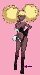 1girl afro afro_puffs artist_logo artist_name bare_arms bare_stomach bear_hair_ornament black_footwear blonde_hair bow bowtie boxing_gloves breasts calf_boots cleavage collar collarbone danganronpa_(series) danganronpa_another_episode:_ultra_despair_girls dark-skinned_female dark_skin dotexecutables female_focus fishnet_pantyhose fishnets full_body grey_eyes hair_ornament large_breasts leotard logo looking_at_viewer navel pantyhose pink_background playboy_bunny red_bow second_generation_enoshima_junko sideboob signature simple_background solo standing