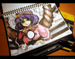 Rule 34 | art tools in frame, colored pencil (medium), female focus, notebook, oso (toolate), pen, photo (medium), purple hair, touhou, traditional media, yasaka kanako