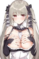 Rule 34 | 1girl, azur lane, bare shoulders, between breasts, black dress, black nails, blush, breasts, breasts out, closed mouth, clothes pull, covering privates, covering breasts, dress, dress pull, earrings, formidable (azur lane), frilled dress, frills, frown, grey hair, hair ribbon, hands on own chest, highres, jewelry, large breasts, long hair, looking at viewer, nail polish, red eyes, ribbon, simple background, sino (sionori), solo, twintails, two-tone ribbon, very long hair, white background