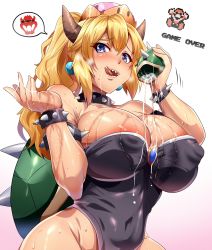 Rule 34 | 1girl, areola slip, armlet, artificial vagina, bar censor, bare shoulders, black leotard, blonde hair, blue eyes, blush, borrowed character, bowser logo, bowsette, bracelet, breasts, censored, cleavage, collar, covered erect nipples, crown, dress, heart, heart-shaped pupils, highres, horns, huge breasts, jewelry, large breasts, leotard, magukappu, mario (series), new super mario bros. u deluxe, nintendo, open mouth, ponytail, sex toy, sharp teeth, simple background, smile, solo, spiked armlet, spiked bracelet, spiked collar, spikes, super crown, super mario bros. 1, symbol-shaped pupils, teeth, tongue, tongue out, wet