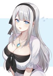 Rule 34 | 1girl, :d, black hairband, blue eyes, blush, breasts, cleavage, collarbone, commentary, dress, flying sweatdrops, grey hair, hairband, highres, jewelry, large breasts, leafwow, long hair, looking at viewer, mature female, mylene rapha holfort, nervous smile, open mouth, otome game sekai wa mob ni kibishii sekai desu, pendant, puffy short sleeves, puffy sleeves, queen, short sleeves, smile, solo, symbol-only commentary, very long hair, white dress