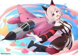 1girl :d absurdres aircraft airplane animal_ears armband bare_shoulders black_footwear black_hairband black_jacket blue_sky boots bow breasts brown_hair check_vehicle cloud curren_chan_(umamusume) dress ear_bow fighter_jet french_air_force gloves goom_(goomyparty) hairband heart highres horse_ears horse_girl horse_tail jacket jet long_sleeves medium_breasts military_vehicle mirage_iii open_mouth purple_eyes red_bow red_thighhighs sky smile solo striped_clothes striped_dress tail thighhighs thighhighs_under_boots umamusume vehicle_request vertical-striped_clothes vertical-striped_dress white_gloves