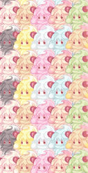 Rule 34 | absurdres, alcremie, alcremie (caramel swirl), alcremie (lemon cream), alcremie (matcha cream), alcremie (mint cream), alcremie (rainbow swirl), alcremie (ruby cream), alcremie (ruby swirl), alcremie (salted cream), alcremie (strawberry sweet), alcremie (vanilla cream), alternate color, brown background, closed mouth, creatures (company), food, fruit, game freak, gen 8 pokemon, heart, heart-shaped pupils, highres, looking at viewer, nintendo, no humans, pikomarie, pokemon, pokemon (creature), red eyes, simple background, strawberry, symbol-shaped pupils, too many