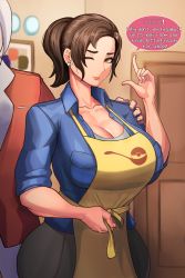 Rule 34 | 1boy, 1girl, apron, blue shirt, breast pocket, breasts, brown hair, clavell (pokemon), cleavage, closed mouth, commentary, creatures (company), earrings, english text, eyelashes, game freak, hand on another&#039;s shoulder, hand up, hetero, highres, index finger raised, indoors, jacket, jewelry, kingbang, large breasts, mature female, mother (pokemon), nail polish, nintendo, one eye closed, orange jacket, paldea mother, pink nails, pocket, poke ball print, pokemon, pokemon sv, ponytail, shirt, smile, speech bubble, yellow apron