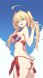 Rule 34 | 1girl, ahoge, ass, bare shoulders, bikini, blonde hair, blue sky, breasts, butt crack, cowboy shot, day, fate/grand order, fate (series), from side, green eyes, hair between eyes, hair intakes, large breasts, long hair, looking at viewer, looking back, nero claudius (fate), nero claudius (fate) (all), nero claudius (swimsuit caster) (fate), nian (zhanian), outdoors, side-tie bikini bottom, sideboob, sky, smile, solo, striped bikini, striped clothes, swimsuit, thighs, twintails, underboob