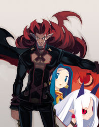 Rule 34 | 1boy, 3girls, blue hair, colored sclera, disgaea, earrings, expressionless, face, facial mark, floating hair, harada takehito, horns, jewelry, long hair, looking at viewer, multiple girls, nippon ichi, no pupils, outstretched arm, phantom kingdom, pointy ears, pram (phantom kingdom), red hair, red sclera, salome (phantom kingdom), slit pupils, smile, standing, trenia, trenia (phantom kingdom), very long hair, white eyes, white hair, zetta (phantom kingdom)