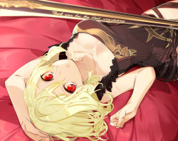 Rule 34 | 1girl, anniversary, arm up, black dress, blonde hair, breasts, cleavage, commentary request, dress, g yuusuke, kokubyaku no avesta, large breasts, looking at viewer, lying, medium hair, official art, on back, parted lips, quinn (kokubyaku no avesta), red eyes, shinza bansho series, signature, solo, sword, weapon