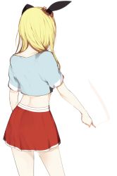 Rule 34 | 1girl, animal ears, arched back, bad id, bad tumblr id, bare legs, blonde hair, blue shirt, rabbit ears, copyright request, cowboy shot, crayon, crop top, drawing, from behind, hair ornament, hair over shoulder, hair scrunchie, holding, long hair, lpip, midriff, red skirt, scrunchie, shirt, simple background, skirt, solo, standing, thighs, white background