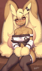 Rule 34 | 1girl, :3, absurdres, animal ears, animal nose, artist name, bandeau, bare shoulders, between legs, black leotard, black sclera, black thighhighs, blonde hair, blush, body fur, breasts, brown background, brown fur, cleavage, clothing cutout, collarbone, colored sclera, creatures (company), detached sleeves, fake animal ears, female focus, fur-trimmed bandeau, fur trim, furry, furry female, game freak, gen 4 pokemon, glasses, gradient hair, hair ornament, hairclip, hand between legs, happy, highres, large breasts, leotard, long hair, looking at viewer, lopunny, multicolored hair, navel cutout, nintendo, nose blush, open mouth, orange eyes, own hands together, personification, pink hair, playboy, playboy bunny, pokemon, pokemon (creature), rabbit ears, rabbit girl, rabbit tail, rimless eyewear, round eyewear, shiny skin, sidelocks, signature, simple background, sitting, skindentation, smile, solo, strapless, strapless leotard, thighhighs, two-tone fur, two-tone hair, white bandeau, white sleeves, white trim, yellow fur, zinfyu