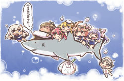 Rule 34 | &gt; &lt;, 10s, 6+girls, :d, @ @, admiral (kancolle), ahoge, bag, blonde hair, brown hair, commentary request, closed eyes, fang, glasses, hair ornament, i-168 (kancolle), i-19 (kancolle), i-401 (kancolle), i-58 (kancolle), i-8 (kancolle), kantai collection, long hair, maru-yu (kancolle), multiple girls, name tag, neckerchief, non-human admiral (kancolle), open mouth, pink hair, purple hair, ro-500 (kancolle), same anko, school swimsuit, school uniform, serafuku, shark, shopping bag, short hair, silver hair, smile, spring onion, swimsuit, swimsuit under clothes, translation request, wavy mouth