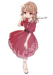 Rule 34 | 1girl, adjusting hair, belt, blonde hair, collared dress, dress, earrings, expressionless, full body, highres, idolmaster, idolmaster cinderella girls, jewelry, long hair, looking to the side, morikubo nono, puffy short sleeves, puffy sleeves, red dress, red eyes, shisui (5830217), short sleeves, solo, twitter username, white background, white footwear