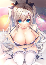 Rule 34 | 1girl, ahoge, blonde hair, blue bra, blue eyes, blush, bow, bow hairband, bra, breasts, cleavage, hair ornament, hairband, hairclip, heart, heart hair ornament, highres, ko yu, large breasts, long hair, looking at viewer, moe2021, navel, open mouth, original, panties, smile, solo, thighhighs, underwear, underwear only