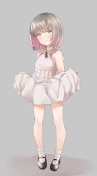 Rule 34 | 1girl, bare arms, bare shoulders, black footwear, blush, brown eyes, brown hair, closed mouth, clothes lift, collared dress, comah, commentary request, dress, dress lift, full body, grey background, highres, looking at viewer, multicolored hair, neck ribbon, original, pink hair, pleated dress, red ribbon, ribbon, shoes, short hair, simple background, sleeveless, sleeveless dress, smile, socks, solo, standing, two-tone hair, white dress, white socks