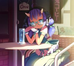Rule 34 | 1girl, ahoge, bad id, bad pixiv id, bendy straw, blue eyes, blush, blvefo9, chair, cup, dark skin, dark-skinned female, dress, drinking straw, glasses, gloves, highres, horns, long hair, looking at viewer, oni, oni horns, original, purple hair, short sleeves, sitting, smile, solo, table, white gloves, traditional youkai