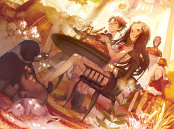 Rule 34 | 2boys, 2girls, apron, backless outfit, bare back, bare shoulders, barefoot, black eyes, black hair, bow, bowl, brown hair, bug, butterfly, cat, chair, corsage, crossed legs, cup, dog, dress, dutch angle, eating, fence, flower, food, forehead, from below, glasses, grass, hair flower, hair ornament, hair ribbon, insect, leiror, long hair, looking at viewer, multiple boys, multiple girls, open mouth, original, parted bangs, purple eyes, ribbon, short hair, sitting, sunlight, surprised, table, teacup, teapot, tiered tray, tree, wood, yellow theme