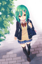 Rule 34 | 1girl, aqua hair, bag, black thighhighs, blazer, blush, bow, bowtie, brown footwear, buttons, closed mouth, day, from above, full body, hair between eyes, hair ornament, hairclip, jacket, charm (object), loafers, long sleeves, looking at viewer, miniskirt, open clothes, open jacket, original, outdoors, pavement, plaid, plaid skirt, pleated skirt, school bag, school uniform, shadow, shirai tanuki, shirt, shoes, short hair, shoulder bag, skirt, solo, striped bow, striped bowtie, striped clothes, striped neckwear, stuffed animal, stuffed toy, sweater, takeda emi (shirai tanuki), teddy bear, thighhighs, tree, walking, white shirt, zettai ryouiki