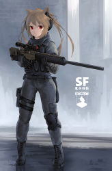 Rule 34 | 1girl, animal ears, belt, black footwear, black gloves, boots, brown hair, bulletproof vest, chinese commentary, chinese text, commentary request, fang zhenjun, full body, gloves, grey jacket, grey pants, gun, h&amp;k psg1, headphones, holding, holding gun, holding weapon, jacket, knee pads, long hair, long sleeves, looking at viewer, military, military jacket, original, pants, red eyes, rifle, sidelocks, single knee pad, sniper rifle, soldier, solo, standing, tactical clothes, translation request, two side up, weapon