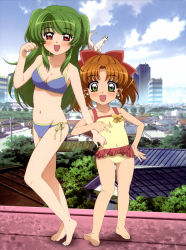 Rule 34 | 00s, 2girls, :d, barefoot, bikini, blush, bow, breasts, casual one-piece swimsuit, child, cityscape, cleavage, cloud, day, earrings, feet, ferret, flat chest, frilled swimsuit, frills, green eyes, green hair, hair bow, highres, inukami!, jewelry, legs, locked arms, long hair, maron (inukami), medium breasts, multiple girls, navel, object on head, official art, one-piece swimsuit, open mouth, orange hair, outdoors, red eyes, red hair, rooftop, scan, short hair, short twintails, side-tie bikini bottom, sky, smile, standing, swimsuit, toes, tomohane (inukami), twintails, youko (inukami)