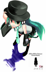 Rule 34 | 00s, 1girl, 2008, aqua hair, black footwear, black hat, black skirt, blush, boots, clenched teeth, collared shirt, dated, detached sleeves, from above, full body, grey shirt, hair between eyes, hair ornament, hand on headwear, hand on own knee, hat, hatsune miku, headphones, headset, jamiroquai, kazuboh, leaning forward, legs apart, long hair, microphone, miniskirt, necktie, pleated skirt, shadow, shirt, silhouette, simple background, skirt, solo, standing, teeth, thigh boots, thighhighs, top hat, twintails, vocaloid, white background