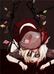 Rule 34 | 1girl, bad id, bad pixiv id, black sclera, blonde hair, blood, chain, colored sclera, crystal, dress, fangs, female focus, flandre scarlet, floor, hat, open mouth, pale skin, red eyes, sai (artist), short hair, short sleeves, skirt, slit pupils, solo, top-down bottom-up, touhou, vampire, wings, wristband