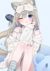 Rule 34 | 1girl, ;q, animal ear fluff, animal ears, bandaid, bandaid on knee, bandaid on leg, bare shoulders, blue background, blue eyes, blue hair, brown hair, camisole, cat ears, cat girl, cat tail, closed mouth, collarbone, commentary request, drawstring, ear piercing, feet out of frame, hair intakes, hair ornament, hairclip, heart, heart hair ornament, hood, hood down, hooded jacket, jacket, knees up, long hair, long sleeves, looking at viewer, mafuyu (chibi21), mask, mask on head, multicolored hair, off shoulder, one eye closed, open clothes, open jacket, original, piercing, puffy long sleeves, puffy sleeves, short shorts, shorts, simple background, single sock, sleep mask, sleeves past wrists, smile, socks, solo, strap slip, streaked hair, striped clothes, striped socks, stuffed animal, stuffed toy, tail, teddy bear, tongue, tongue out, white camisole, white jacket, white shorts, wing hair ornament