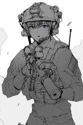 Rule 34 | 1girl, american flag, assault rifle, blue eyes, blue theme, ear protection, greyscale, gun, helmet, highres, laser sight, load bearing vest, long sleeves, looking at viewer, m4 carbine, military operator, monochrome, original, parted lips, pen guin15, rifle, short hair, simple background, sketch, solo, spot color, trigger discipline, upper body, weapon