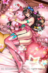 Rule 34 | 1girl, :d, ass, babydoll, bare shoulders, bead bracelet, beads, black hair, blue bow, blush, bow, bracelet, breasts, full body, garter straps, green bow, gyakushuu no fantasica, hair between eyes, hair bow, hair ornament, heart, heart-shaped pillow, heart hair ornament, highres, hugging doll, hugging object, jewelry, large breasts, lingerie, long hair, looking at viewer, lying, official art, on bed, on side, open mouth, panties, pillow, pink babydoll, pink panties, pink thighhighs, ryuki@maguro-ex, sideboob, sidelocks, smile, solo, star (symbol), striped clothes, striped thighhighs, stuffed animal, stuffed rabbit, stuffed toy, thighhighs, underwear, vertical-striped clothes, vertical-striped thighhighs, wavy hair, yellow bow, yellow eyes