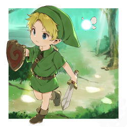 Rule 34 | 1boy, belt, blonde hair, boots, border, child, fairy, grass, hat, highres, holding, holding sword, holding weapon, link, nature, navi, nemui (nemuriyagi), nintendo, outdoors, pointy ears, shield, short hair, sword, the legend of zelda, the legend of zelda: ocarina of time, tree, tunic, walking, weapon, white border, young link