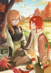 Rule 34 | 2girls, absurdres, ahoge, autumn leaves, black pantyhose, bottle, braid, braided ponytail, brown eyes, brown hair, burger, day, flower, food, glasses, green eyes, hair flower, hair ornament, highres, jacket, jewelry, kobuta, long hair, looking at another, multiple girls, necklace, open clothes, open jacket, original, outdoors, pantyhose, pleated skirt, red hair, ribbed sweater, round eyewear, scarf, sitting, skirt, sweater, tree