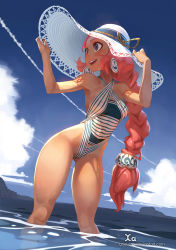 Rule 34 | 1girl, absurdres, anchor earrings, anchor symbol, beach, blue eyes, blue sky, braid, braided ponytail, breasts, commentary, contrail, criss-cross halter, dappled sunlight, day, earrings, english commentary, hair ornament, halterneck, hands on headwear, hat, hat tug, highleg, highleg swimsuit, highres, huge filesize, jewelry, long braid, long hair, looking afar, ocean, one-piece swimsuit, open mouth, original, outdoors, pink hair, single braid, sky, small breasts, smile, solo, standing, striped clothes, striped one-piece swimsuit, summer, sun hat, sunlight, swimsuit, thigh gap, thighs, very long hair, wading, watermark, web address, xaxaxa
