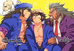 Rule 34 | 3boys, abs, age difference, age regression, aged down, beard, belt, blush, brown hair, closed eyes, collared jacket, collared shirt, daito music, dark-skinned male, dark skin, facial hair, family, formal, grey hair, hat, headpat, jacket, large pectorals, long hair, long sideburns, male focus, manly, mature male, multiple boys, muscular, muscular male, navel, necktie, old, old man, original, pants, pectorals, scar, scar on chest, scar on face, scar on stomach, shirt, sideburns, sitting, sugo6969, suit, thick eyebrows, topless male, white hair, yellow background