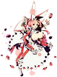 Rule 34 | 1girl, 8055, belt, breasts, cleavage, clover, elphelt valentine, fingernails over gloves, food, four-leaf clover, fruit, guilty gear, gun, handgun, hat, large breasts, looking at viewer, petals, pink hair, pistol, short hair, simple background, solo, strawberry, weapon, white background