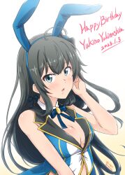 Rule 34 | 1girl, animal ears, black hair, blue bow, blue bowtie, blue eyes, blue hairband, blue ribbon, bow, bowtie, breasts, cleavage, commentary request, dated, detached collar, diesel-turbo, fake animal ears, gradient background, hair ribbon, hairband, happy birthday, highres, leotard, long hair, looking at viewer, nontraditional playboy bunny, parted lips, playboy bunny, rabbit ears, ribbon, sidelocks, sleeveless, small breasts, solo, upper body, white background, yahari ore no seishun lovecome wa machigatteiru., yellow background, yukinoshita yukino