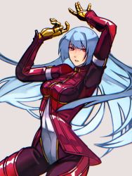 Rule 34 | 1girl, blue hair, bodysuit, breasts, cowboy shot, gloves, highres, kula diamond, long hair, looking at viewer, medium breasts, purple eyes, simple background, solo, syachiiro, the king of fighters, the king of fighters xv, white background