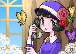 Rule 34 | 1girl, antique phone, black eyes, black hair, blush stickers, brooch, bug, butterfly, candlestick phone, collared dress, dress, flower, fujishima moyu, hat, hat flower, insect, jewelry, long sleeves, looking at viewer, open mouth, original, purple dress, purple hat, short hair, solo, upper body, window