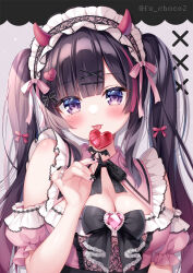 Rule 34 | 1girl, bare shoulders, black hair, blush, breasts, broken heart, candy, cleavage, commentary request, detached sleeves, food, frilled hairband, frills, gradient hair, grey background, hair ornament, hairband, hairclip, heart, heart hair ornament, heart-shaped lollipop, holding, holding candy, holding food, holding lollipop, horns, lollipop, long hair, looking at viewer, medium breasts, mitsuba choco, multicolored hair, original, pink hairband, pink shirt, pink sleeves, puffy short sleeves, puffy sleeves, purple eyes, purple hair, shaped lollipop, shirt, short sleeves, solo, tongue, tongue out, twintails, twitter username, upper body, very long hair, x hair ornament