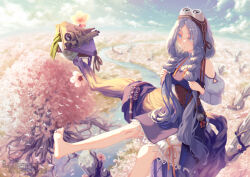 Rule 34 | 1girl, barefoot, blue eyes, breasts, cherry blossoms, cloud, day, flower, garutaisa, goggles, goggles on head, grey hair, long hair, medium breasts, on branch, original, outdoors, telescope, tree, very long hair