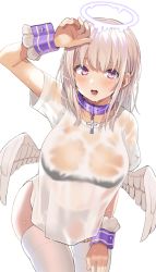 Rule 34 | 1girl, arm up, bandeau, belt collar, black bra, blonde hair, blush, bra, breasts, collar, commentary request, cowboy shot, cross, ear piercing, feathered wings, garter straps, gomashi (goma), halo, hand on own leg, large breasts, long hair, looking at viewer, melting halo, mole, mole on breast, open mouth, original, piercing, purple collar, purple eyes, see-through, shirt, short sleeves, simple background, solo, standing, strapless, strapless bra, sweat, thighhighs, underwear, wet, wet clothes, wet shirt, white background, white garter straps, white shirt, white thighhighs, white wings, wings, wrist cuffs