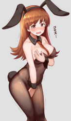 Rule 34 | 1girl, animal ears, blush, breasts, brown eyes, brown hair, rabbit ears, rabbit tail, covering privates, covering breasts, covering crotch, detached collar, embarrassed, fake animal ears, highres, kantai collection, large breasts, long hair, looking at viewer, necktie, okitsugu, ooi (kancolle), pantyhose, playboy bunny, simple background, solo, tail, tears, translated, wrist cuffs