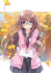 Rule 34 | 1girl, black sailor collar, black skirt, blue eyes, blurry, blurry background, blush, brown hair, cardigan, cat hair ornament, collarbone, commentary request, depth of field, envelope, ginkgo leaf, ginkgo tree, glasses, hair ornament, hairclip, heart, highres, hinamushi (shokuyou), holding, holding envelope, leaf, letter, long hair, long sleeves, love letter, neckerchief, open cardigan, open clothes, original, outside border, outstretched arms, parted lips, pink cardigan, pleated skirt, red-framed eyewear, red neckerchief, sailor collar, school uniform, serafuku, shirt, skirt, sleeves past wrists, solo, two side up, very long hair, white shirt