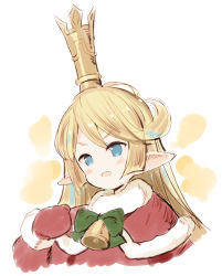 Rule 34 | 1girl, :d, bell, blonde hair, blue eyes, blush, bow, capelet, charlotta (granblue fantasy), cropped torso, crown, dress, fur-trimmed capelet, fur-trimmed mittens, fur trim, granblue fantasy, green bow, hand up, harvin, long hair, long sleeves, looking away, meito (maze), mini crown, mittens, open mouth, pointy ears, red capelet, red dress, red mittens, smile, solo, upper body, v-shaped eyebrows, white background