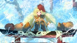 Rule 34 | 1girl, animal, bird, bird wings, blonde hair, blush, boots, brown footwear, chick, chicken, closed mouth, cross-laced footwear, feathered wings, highres, kajatony, knee boots, lace-up boots, multicolored hair, niwatari kutaka, red eyes, red hair, short hair, smile, solo, torii, touhou, two-tone hair, wings, yellow wings