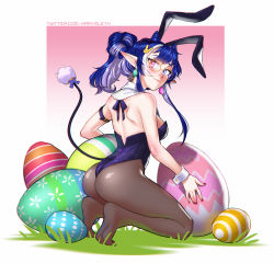 Rule 34 | 1girl, ass, back, black leotard, blue eyes, blue hair, blush, borrowed character, breasts, clothing cutout, commentary, detached collar, earrings, easter, easter egg, egg, egg earrings, elf, english commentary, fingernails, full body, glasses, grey pantyhose, hair horns, hair ornament, heterochromia, highleg, highleg leotard, highres, indie virtual youtuber, jewelry, kneeling, leotard, long hair, looking at viewer, looking back, medium breasts, mleth, moon (anntan), multicolored hair, nail polish, no shoes, nose blush, pantyhose, playboy bunny, pointy ears, ponytail, purple hair, rabbit hair ornament, red eyes, red nails, soles, strapless, strapless leotard, tail, tail through clothes, turning head, two-tone hair, virtual youtuber, wrist cuffs, yellow-framed eyewear