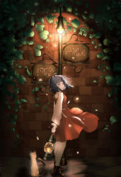 Rule 34 | 1girl, animal, black eyes, black hair, brick wall, cat, class mate, closed mouth, dress, full body, highres, lamppost, long hair, long sleeves, looking at viewer, looking to the side, original, outdoors, pinafore dress, plant, red dress, shirt, sign, sleeveless dress, solo, standing, vines, white shirt