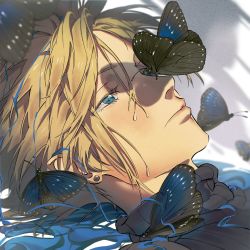 Rule 34 | 1boy, absurdres, blonde hair, blue butterfly, blue eyes, blue shirt, bug, butterfly, butterfly on nose, close-up, cloud strife, earrings, etaa89, final fantasy, final fantasy vii, final fantasy vii remake, hair between eyes, highres, insect, jewelry, male focus, partially submerged, shirt, short hair, single earring, solo, spiked hair, square enix, turtleneck, wet, wet hair