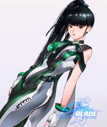 Rule 34 | 1girl, black hair, black necktie, blunt bangs, bodysuit, breasts, brown eyes, cesar art456, commentary, copyright name, english commentary, eve (stellar blade), eyelashes, fingerless gloves, gloves, green bodysuit, grey background, grey bodysuit, high ponytail, highres, long hair, looking at viewer, medium breasts, multicolored bodysuit, multicolored clothes, necktie, open mouth, pink lips, planet diving suit (7th) (stellar blade), simple background, skin tight, solo, standing, stellar blade, white bodysuit, white gloves